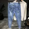 original Fi Luxury Brand W Stylish Men's Designer Blue Denim Boyfriend Slim with Ripped Hem and Distred Broken Jeans V9xo#