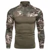 Europäischen Stil männer Militär Outdoor T Shirt Neue Fi Fitn Camoue Lg Ärmeln Reißverschluss Kragen Tasche T-shirts J95B #