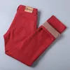 men's Winter Warm Fleece Khaki Red Jeans 2023 New Busin Fi Stretch Slim Fit Denim Thick Casual Pants Male Brand Trousers g35y#