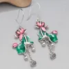 Dangle Earrings Ethnic Style 925 Sterling Silver Enamel Lotus Flower Tassel Vintage Pink Green Hanging Jewelry Women EH182