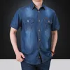 military Denim Shirts Men Summer Casual Short Sleeve Cargo Cowboy Shirt Male Big Size 5XL Wed Blue Army Shirts Chemise Homme i6va#