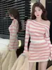 Work Dresses Knit Skirt Outfits Fashion Sweet Two Piece Set Women Slash Neck Cropped Pullovers Mini Bodycon Skirts Suit Casual Striped Sets