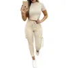 Calças com cordão 2Pcs/Set O-pescoço Manga Curta Bolsos de Cintura Alta Sports Outfit Cor Sólida Crop Top Matching Set 54kX #