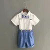 Summer Boys Strap Dress Suit Set Childrens Kindergarten Performance Piano Host Costume Kids Shirts Shorts Bowtie Clothing 240318