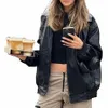 Frauen-Leder-Motorrad-Jacke beiläufige feste Farbe LG-Sleeve Reißverschluss-Cardigan für Herbst-Kleidung Outwear Street h9rf #