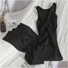 Basic Casual Dresses Oceanlove Korean Knitted Robe Femme Summer V Neck Sleeveless Kink Hollow Out Y Slim Bodycon Dress Split Fork Long Otmya