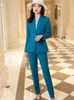Costume de bureau pour femmes, Blazer, pantalon, Simple, couleur unie, manches longues, ensemble 2 pièces, bleu kaki, mode printemps, 240320