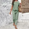 Women's Two Piece Pants Casual Loose Fit Suit Elegant Lace-up Waist Top Set With Hollow O Neck Pockets Breathable Lady Daily For A