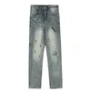 High Street Wing Make Old Blue Spl-ink Retro Jeans strappati Pantaloni maschili slim a matita Pantaloni a figura intera in denim Streetwear Uomo 09Vt #