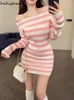 Work Dresses Knit Skirt Outfits Fashion Sweet Two Piece Set Women Slash Neck Cropped Pullovers Mini Bodycon Skirts Suit Casual Striped Sets