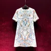 2024 Spring Multicolor Paisley Print Dress Short Sleeve Round Neck Blue Rhinestone Knee-Length Casual Dresses X4M2612306