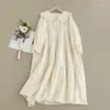 Vestidos casuais primavera doce sólido bordado lapela vestido de algodão mulheres bolsos manga longa midi WH0319-03