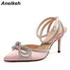 Aneikeh PVC Style Glitter Rhinestons Mujeres Bombas Cristal Bowknot Satin Lady Heels High Party Zapatos 2024 Spring Size 35-42 240321