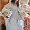 Mulheres sleepwear vintage vitoriano puro algodão longo camisola primavera verão fada laço nightdress princesa bonito mulheres doce branco azul