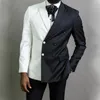 Élégant Noir Blanc Hommes Costume Slim Fit Peak Revers Double Boutonnage 2 Pièces Formel Marié Mariage Tuxedos Blazer + Pantalon Costume Homme L8PJ #