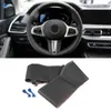 Capas de volante para m sport g20 g30 g31 g32 g11 g14 g15 g16 g01 g02 g05 g07 capa de carro preto-vermelho linha azul couro perfurado