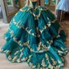 Vestido de baile verde esmeralda quinceanera, 2024, renda dourada, apliques, contas, xv, princesa, vestidos de 15 anos, aniversário, doce 16, vestido
