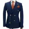 Mannen Pak Twee Stukken Blazer met Broek Nieuwe High-end Fi Marineblauw Double Breasted Mannelijke Pak Busin Wedding set E51o #