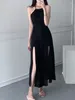 Casual Kleider Sommer Langes Kleid Frauen Unregelmäßige Split Slim Modis Off Schulter Sexy Damen Koreanischen Stil Plissee Frau Ärmellos