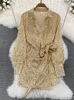 Robes décontractées Vintage Mini robe pour femmes mode à manches longues paillettes fête sexy col en v mince noeud papillon taille haute a-ligne courte nuit