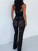 Een Stuk Bodyc Halter Kant Jumpsuits Hollow See Through Bloemen Kant Mesh Zwart Sexy Club Outfits voor Vrouwen Fi Overalls 955S #