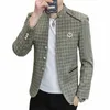 HOO 2024 남자 새 스탠드 칼라 컬러 일치 격자 무늬 정장 재킷 청소년 캐주얼 FI 테일러 블레이저 B2MT#