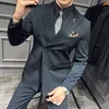 2 stycken gentleman dubbelbröst topp blazer män kostymer med byxor formell kaffe svart grön jacka för bröllop brudgum set s90t#