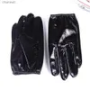 Tactical Gloves Mens 100% Real Leather Shiny Black Patent Unlined shrink Wrist Police Short GLOVES YQ240328