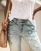 Damskie dżinsowe trendy STREET STRETESTERS MAJ WODY Otwory do nakłucia wąsko -dopasowane dżinsowe spodnie luźne retro z wysokim talią