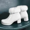 Boots Patent PU Leather Bright Yellow Purple Square Chunky Heels Women Ankle Snow Boots With Faux Fur Platform Warm Shoes Big Size 48