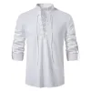 Printemps été hommes chemises Cott lin manches Lg Henley chemise col en V décontracté à lacets hauts mâle respirant mince Bloluses A2Fv #