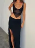 Chronstyle Women Sexy 2 Piece Long Kjol Set Lace Vneck Backless Camis Tops High Split kjolar Summer Outfits Y2K Clubwear 240321