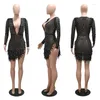 Abiti casual 2024 Manica lunga Profondo scollo a V Donna Sexy Sheer Mesh Strass Party Dress Piuma Diamanti Spacco laterale Irregolare Night Club