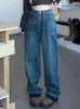 Women's Jeans Aoaiiys High Waisted Blue Streetwear Contrast Color Scratched Wide Leg Tassel Korean Fashion Straight Trousers