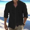 cott Linen Hot Sale Men's Lg-Sleeved Shirts Summer Solid Color Stand-Up Collar Casual Beach Style Plus Size Y0kw#