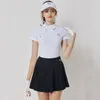 blktee Women Short Sleeve Golf T-shirt Retro Stand Collar Top Lady Anti-light Pleated Skirt Soft High-waisted Culottes Golf Sets A1pV#
