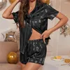 Home Clothing Ice Silk Pajamas Sets For Women Sexy Long Sleeve Short Sleepwear Cardigan Female Pyjamas