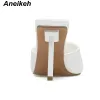 Sandals Aneikeh Fashion Orange Patent Leather Thin Heels Women Mules Slippers Summer Square Toe Party Prom Femme Sandals Sliders Shoes