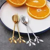 Spoons 1/3PCS Gold Long Handle Spoon Stainless Steel Leaf Teaspoon Nordic Mini Stirring Small Fork For Dessert Coffee Honey Home