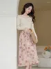 Work Dresses French Vintage 2 Piece Set For Women OL Outfits Lady Casual Bow V-Neck Knitted Top Rose Print Retro Skirt Sets Elegant Fall