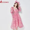 Casual Dresses 2024 Autumn Fashion Runway Pink Organza Princess Dress Women O-Neck Puff Long Sleeve A-line Party With Belt And Headband