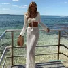 Combhasaki Women Summer 2PCS Outfit Bikini Cover-ups Sets Long Sleeve Tie Up Crop Tops White Knit Hollow Tassels Skirt Suit