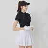 blktee Women Short Sleeve Golf T-shirt Retro Stand Collar Top Lady Anti-light Pleated Skirt Soft High-waisted Culottes Golf Sets A1pV#