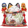 Sculptures 8 inch Japanese Ceramic Lucky Cat Maneki Neko with Daruma Fortune Cat FengShui Crafts Money Box Home Desktop Decoration Gift