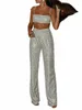 Wsevypo Mulheres Colete e Calças Ternos Skinny Glitters Spaghetti Strap Crop Tops Cintura Alta LG Calças Party Clubwear Set K4CX #