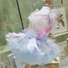 Ubrania psa ręcznie robione ubrania dla zwierząt domowych sukienka księżniczka urocza dziewczyna różowa koronkowa pusta jasnoniebieska spódnica tiul tutu wakacje