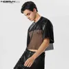 남자 티셔츠 남성 티셔츠 메쉬 패치 워크 섹시한 투명한 느슨한 느슨한 오 넥 짧은 슬리브 크롭 탑 스트리트웨어 2023 패션 카미 세타 S-5XL24328