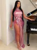 beyprern Schöner roter Schimmer Veet Rhinestes Maxi Dr Glam Sleevel High Slit Pailletten Metallic Party Dr Clubwear A02C#