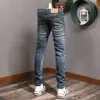 italiensk stil fi män jeans retro ons blå elastisk smal fit rippade jeans män byxor vintage designer denim byxor hombre c8nk#
