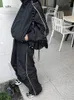 90S 빈티지 검은 바지 세트 여성 Y2K 스트리트 Zip Up 재킷 느슨한 넓은 다리 트랙 바지 2 피스 세트 조깅 트랙 슈트 Y3Cl#